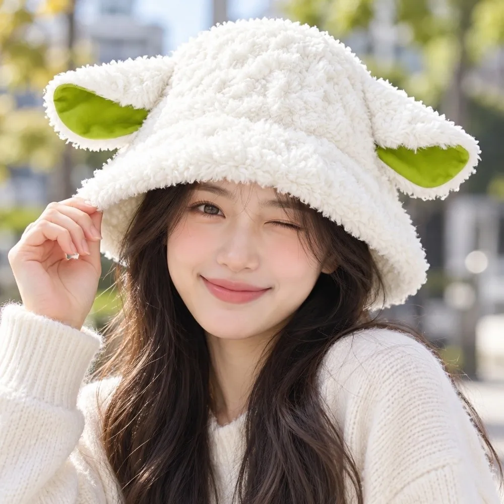 Year of The Sheep Bucket Hat Fluffy Soft Sheep Fisherman Hat Fuzzy Warm Lamb Ear Hat Outdoor