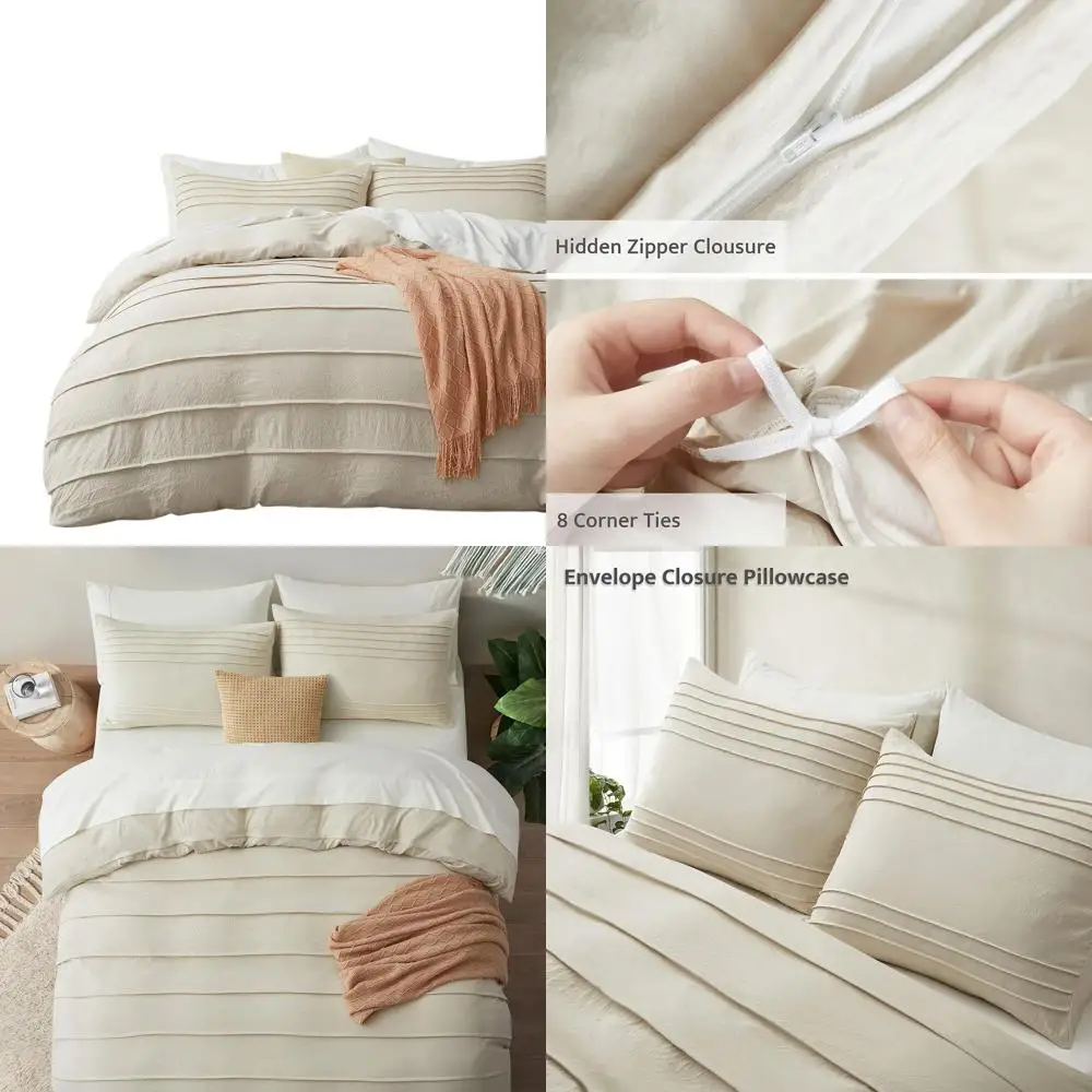 

Queen Size Beige Duvet Cover Set - 3-Piece Pleated Bedding with Zipper Closure, Soft and Breathable (90x90)