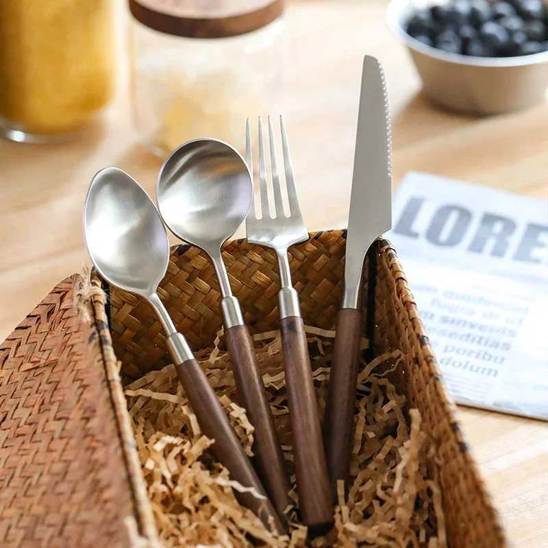 4PCS Walnut Wood Handle Cutlery Set Stainless Steel Knives Forks Spoons Tableware Set Matte Brushed Kitchen Flatware Set