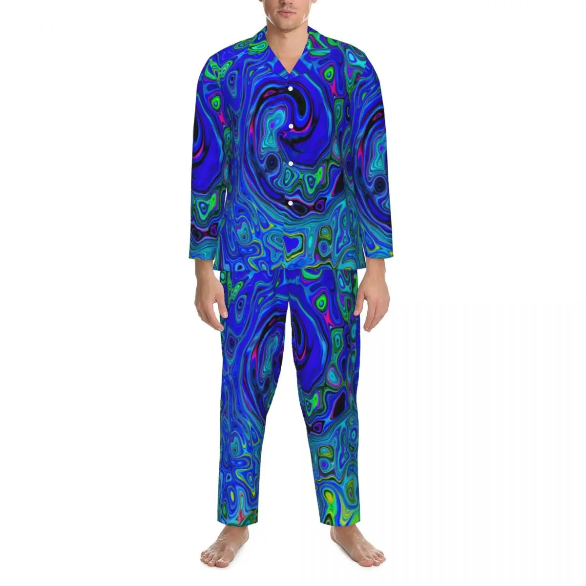 

Hippy Violet Print Sleepwear Autumn Abstract Liquid Swirl Retro Oversized Pajama Set Man Long Sleeves Bedroom Graphic Home Suit