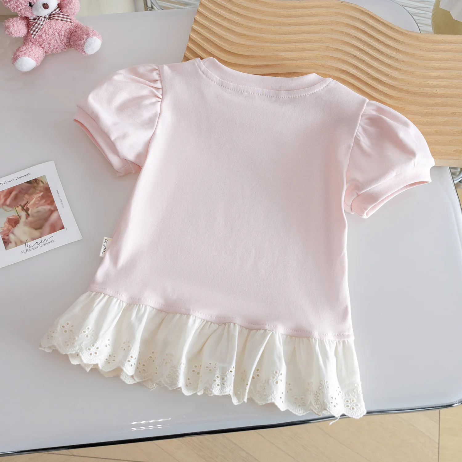 Sweet Baby Girls Ruffle Lace Patchwork T-Shirts Short Puff Sleeve Cartoon Print Bow Tees 2025 Summer Casual Tops