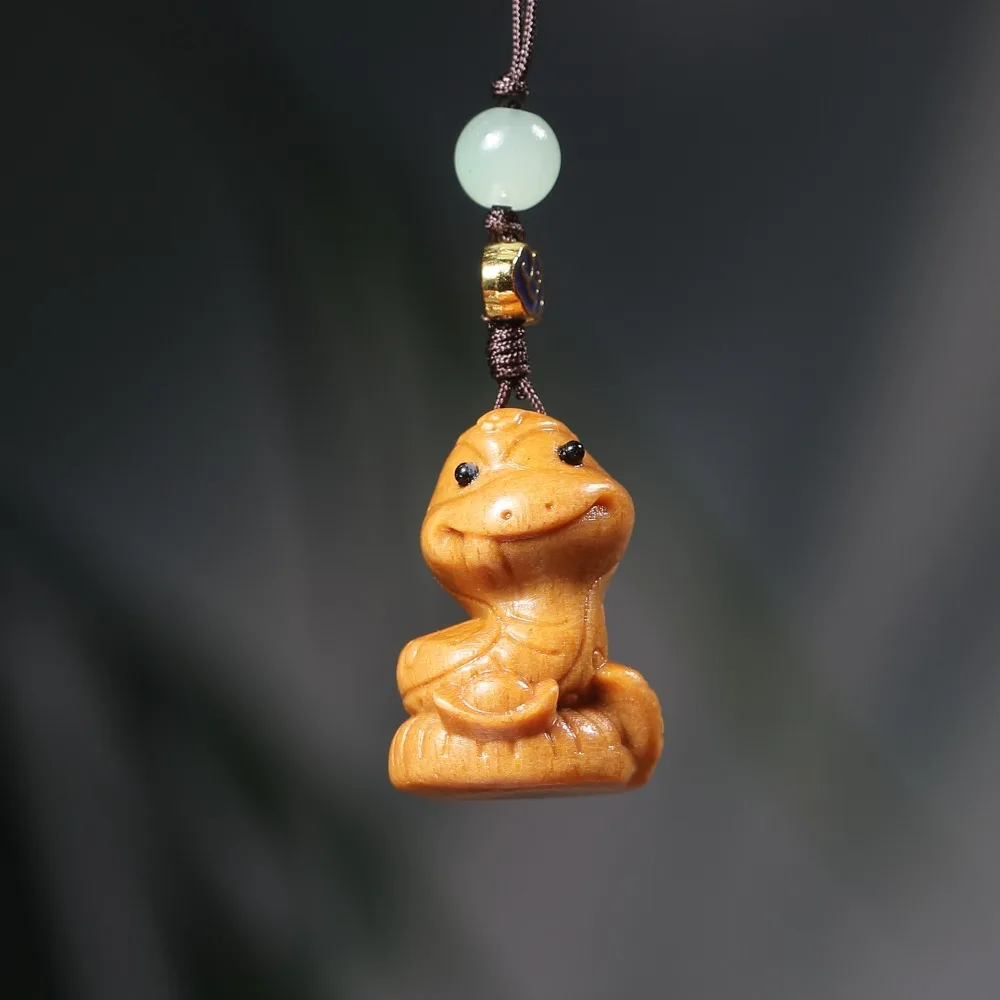 Statue Mini Zodiac Snake Dolls Auspicious Cute New Year Carved Pendant Beads Rope Green Sandalwood Ornament Car Key