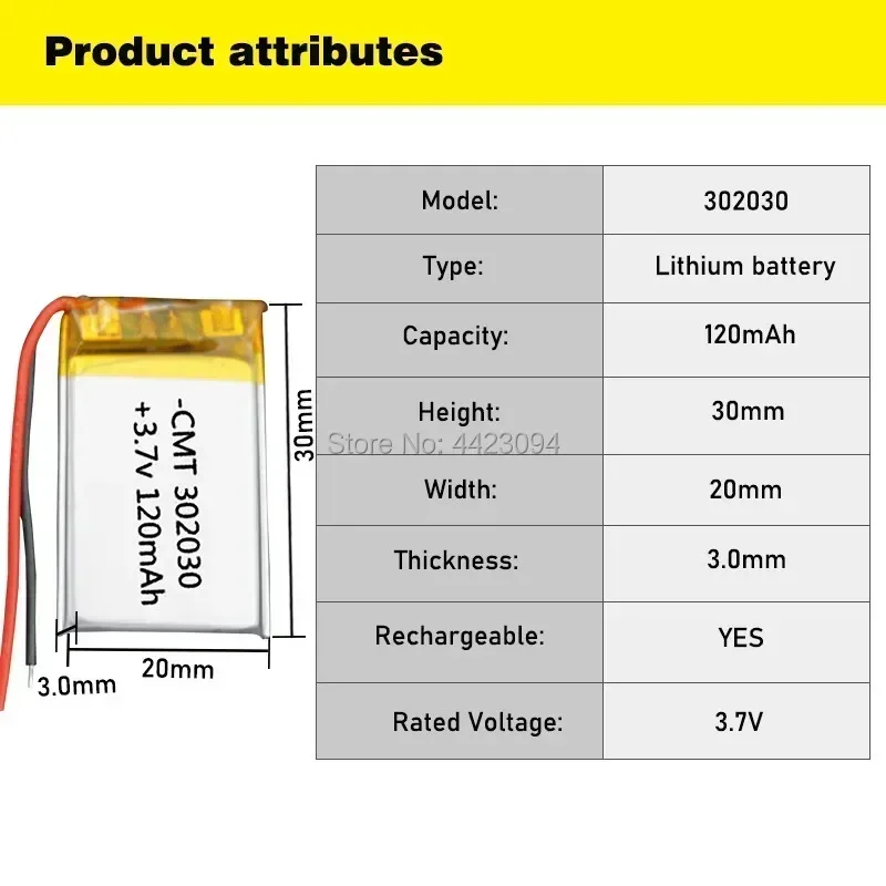 3.7V 120mAh 302030 032030 Rechargeable Battery For MP3 MP4 mobile bluetooth GPS Toy reading pen speaker lithium-ion Lipo Battery