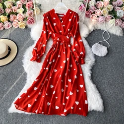 YuooMuoo 2023 New Autumn Romantic Heart Print Women Dress Elegant Bandage Long Sleeve Big Swing Party Vestidos Ladies Vestidos