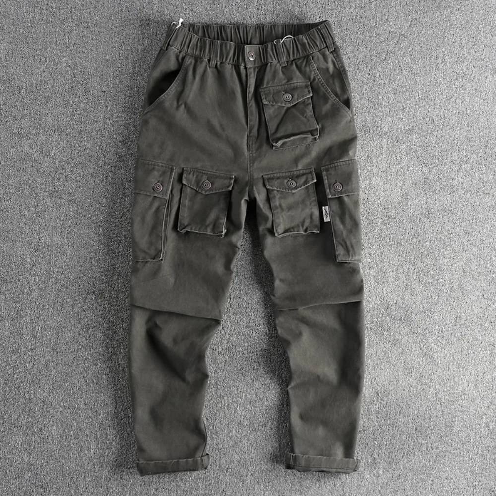 Heavy Woven Wash Cotton Retro Cargo Multi-pocket Casual Pants Men's Loose Straight Leg Trend Pants