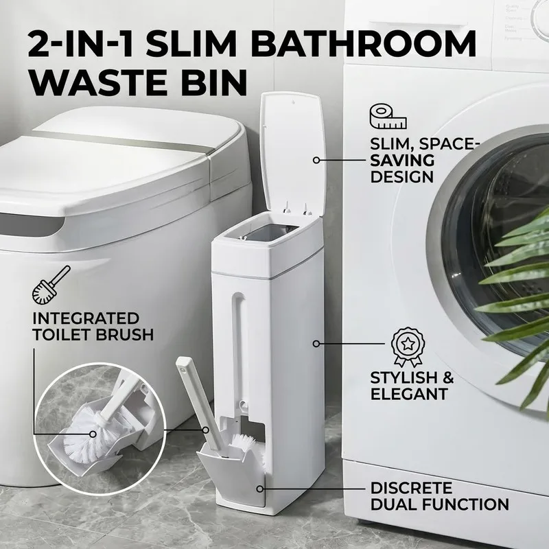 Christmas Stocking Stuffers Bathroom Trash Can Toilet Brush Combo With Lid Space Saving Narrow Small Garbage Can Bathroom Access