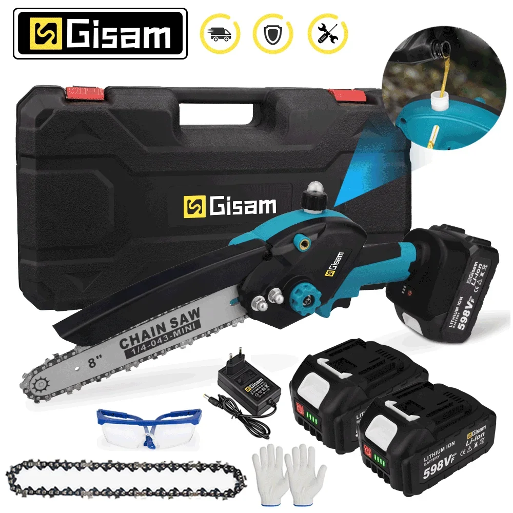 Gisam 8 Inch Brushless Electric Chainsaw Oiler Electric Pruning Saw Woodworking Garden Power Tools Compatible Makita 18V Battery