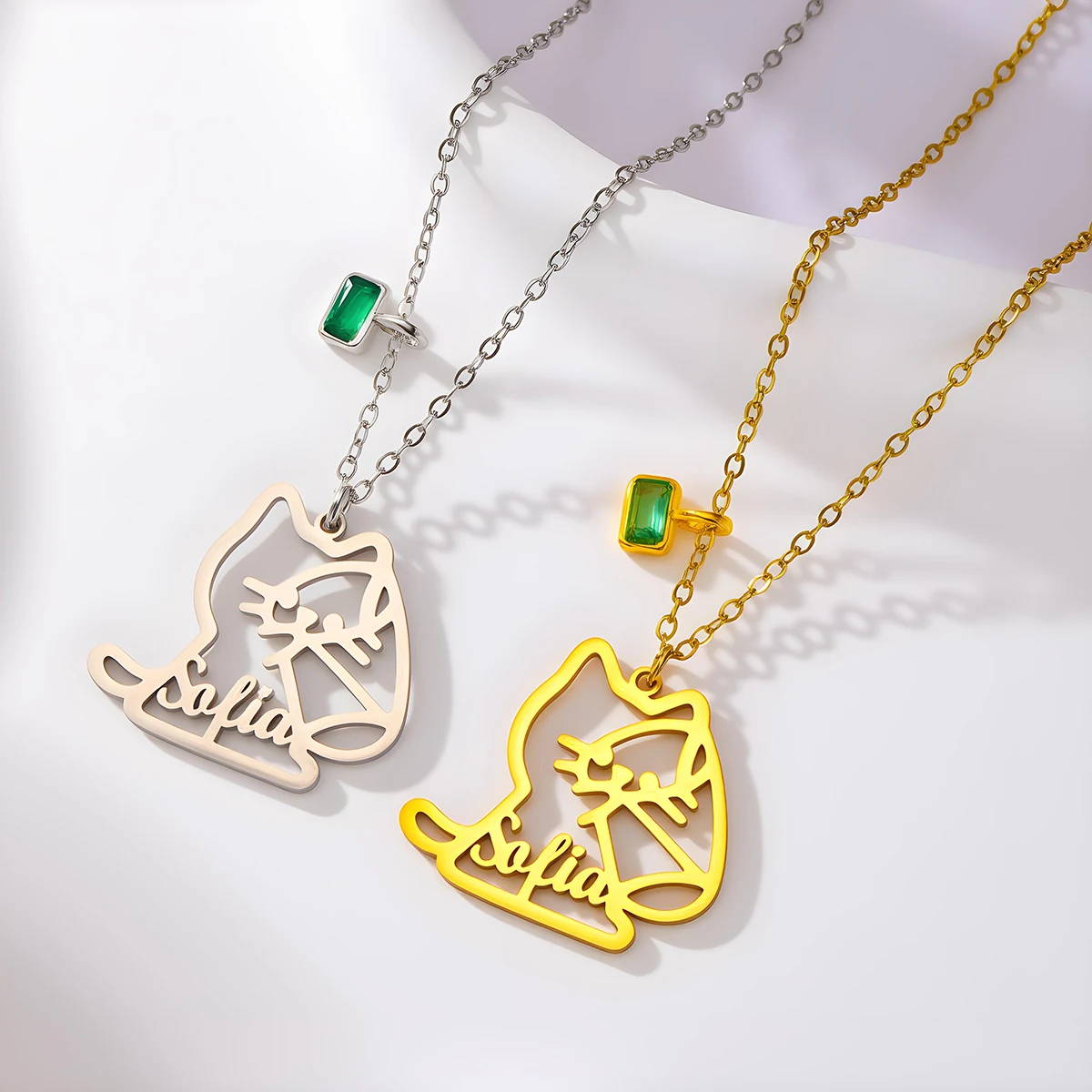 

Todorova Custom Name Hollow Cat Design Stainless Steel Necklace Women Fashion Jewelry Pet Lover Gift