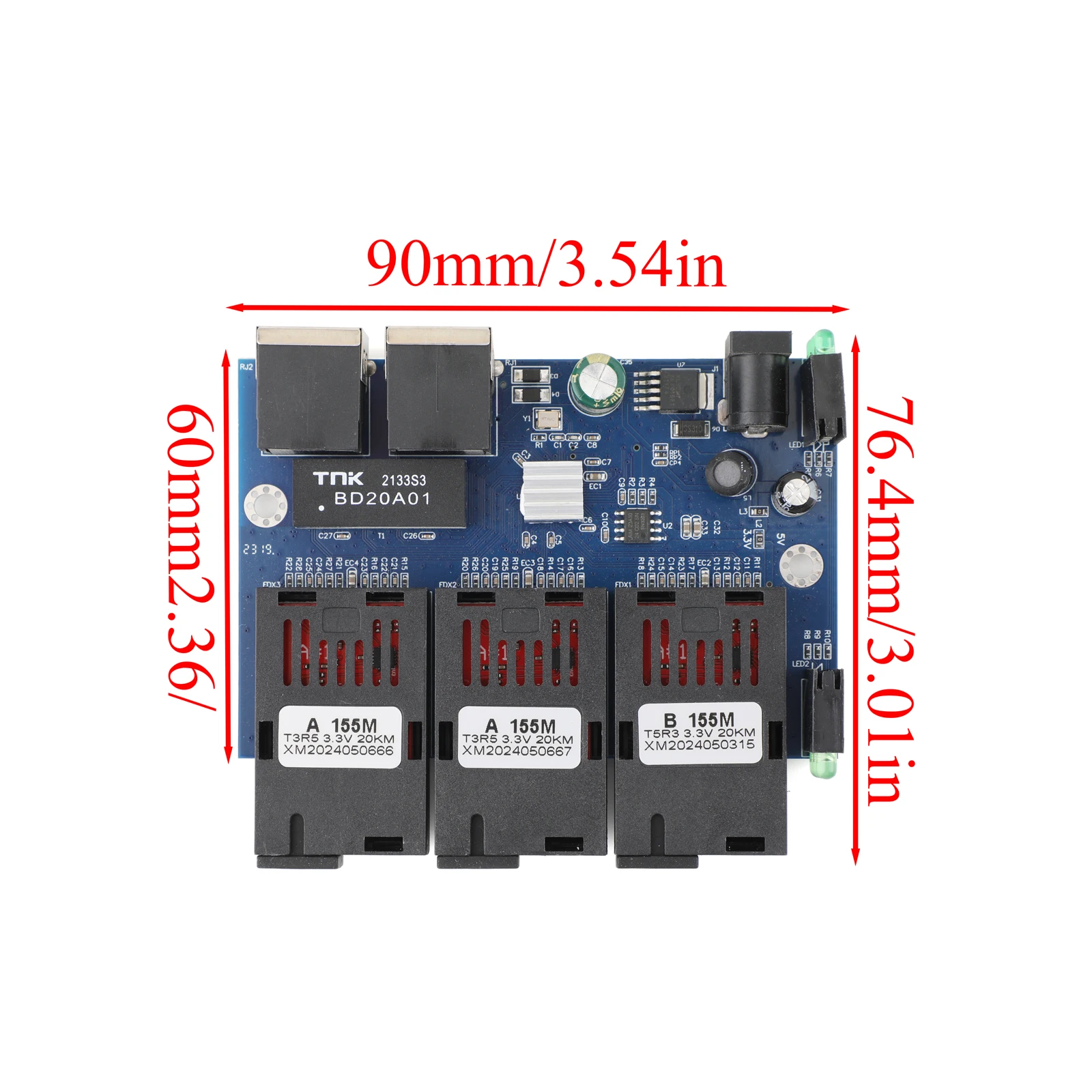 Оптоволоконный медиа-конвертер с 2 RJ45 на 3 SC 2A + 1B, 10 м/100 м, порты 1310нм/1550нм, плата PCBA, коммутатор 20 км Ethernet