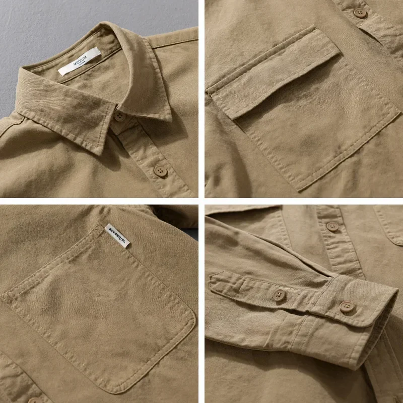 

Весенне-осенняя новая мужская рубашка с длинным рукавом, повседневная рабочая одежда, мужская рубашка с отложным воротником и двумя карманами, из чистого хлопка, на пуговицах, простой стиль