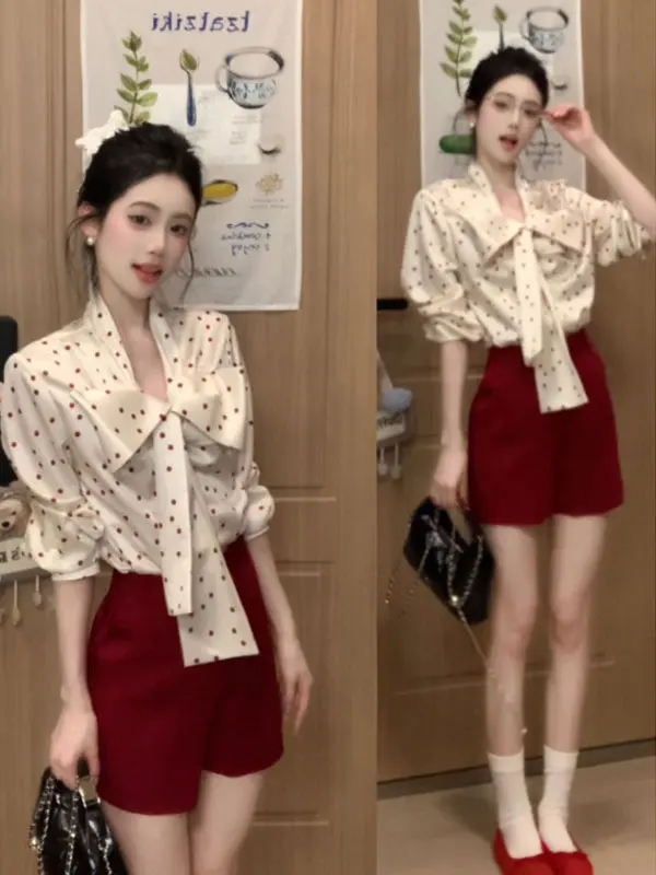 

Fashionable Polka Dot Shirt And Red Shorts Two Piece Set for Summer 2026 Elegant Style Perfect for May Day And Date