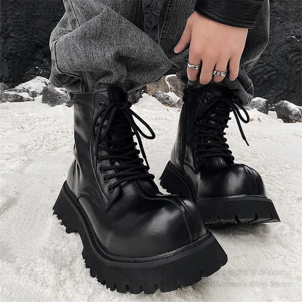 

Handsome Upturned~Height Increased 5cm High Top Boot Men Leather Side Zipper Winter New Lace Up Workwear Motorcycle Boots