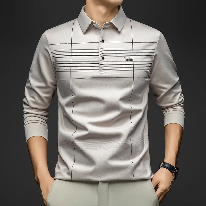 BROWON 2025 قميص رجالي أنيق للخريف بولو بأكمام طويلة ملابس علوية للربيع تي شيرت منتصف العمر مادة ناعمة ناعمة ملابس بولو للعمل الأب للرجال