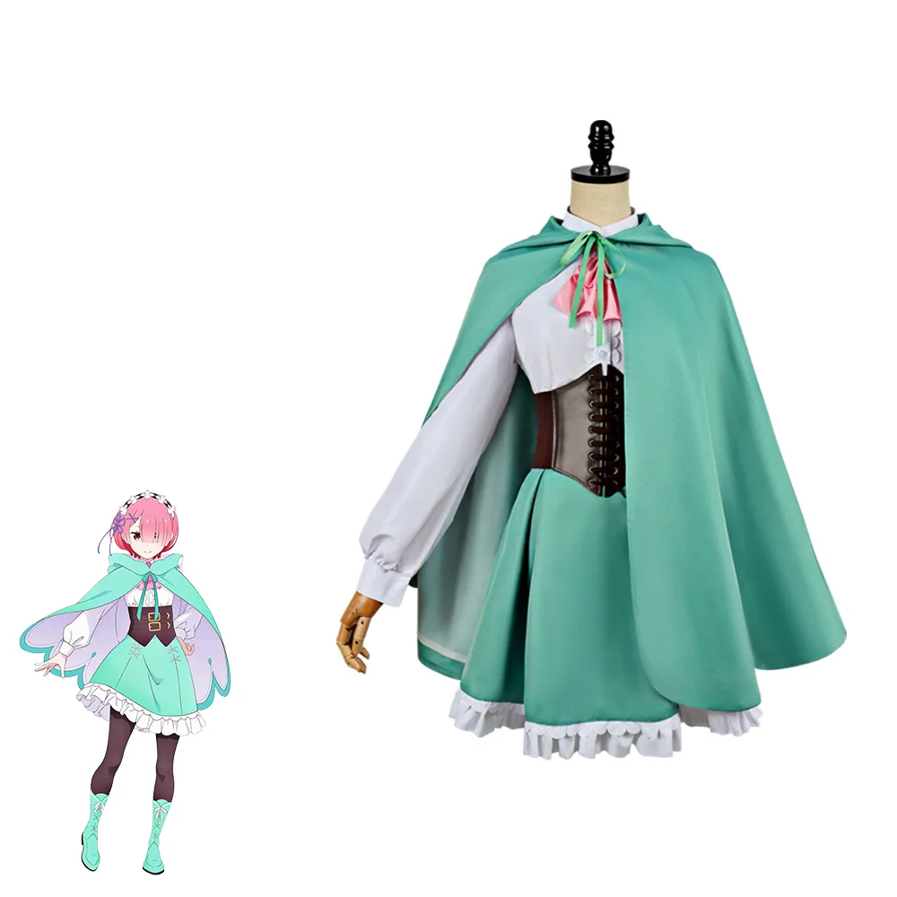 Anime Re:Zero Rem Ram Cosplay Costume Women Cute Maid Outfit Pink Green Hooded Cloak Dress for Halloween Carnival Full Set - view 2