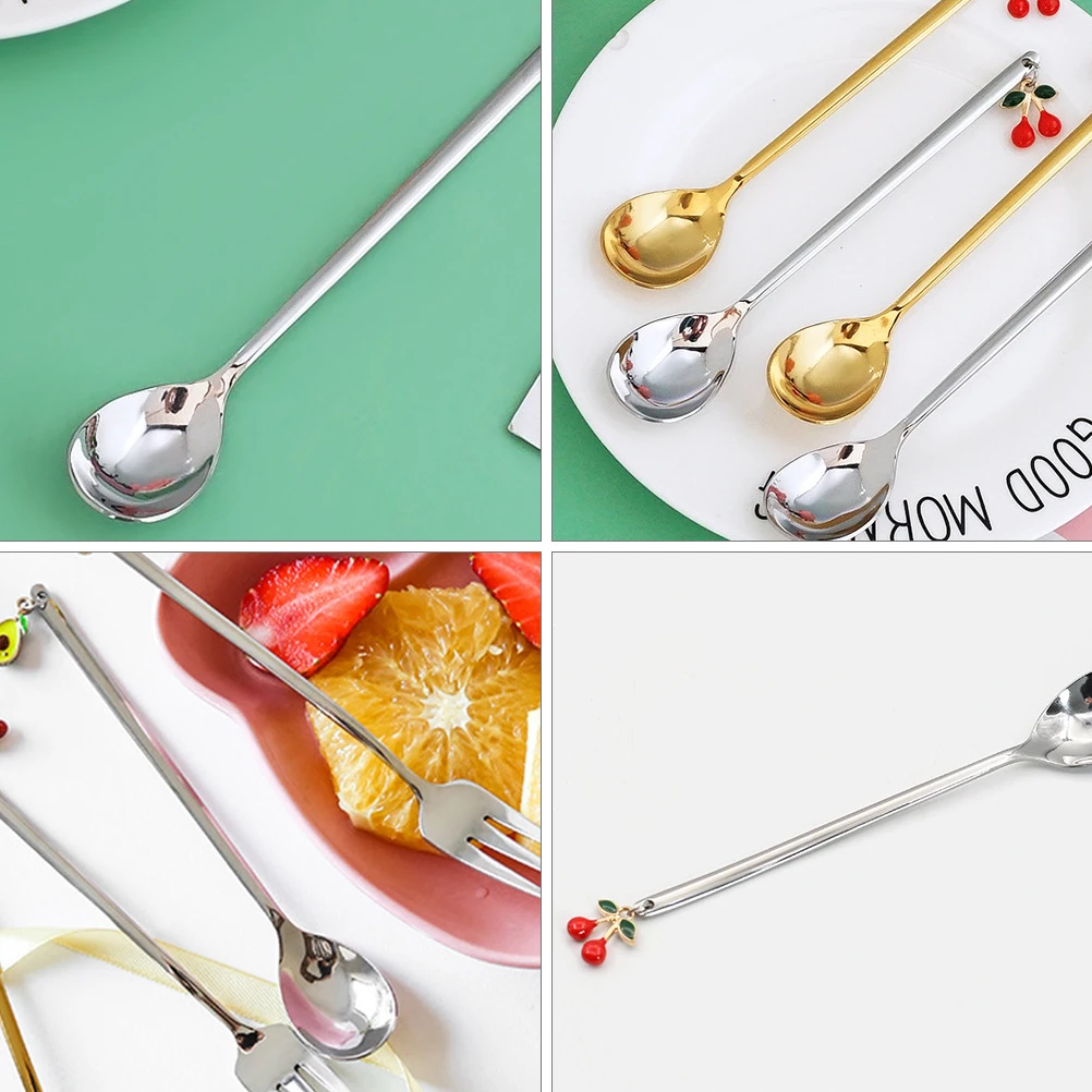 

4PCS Stainless Dessert Spoons Long H Mirror Polished Comfortable Stainless Steel Spoons Grip Kitchen Utensils