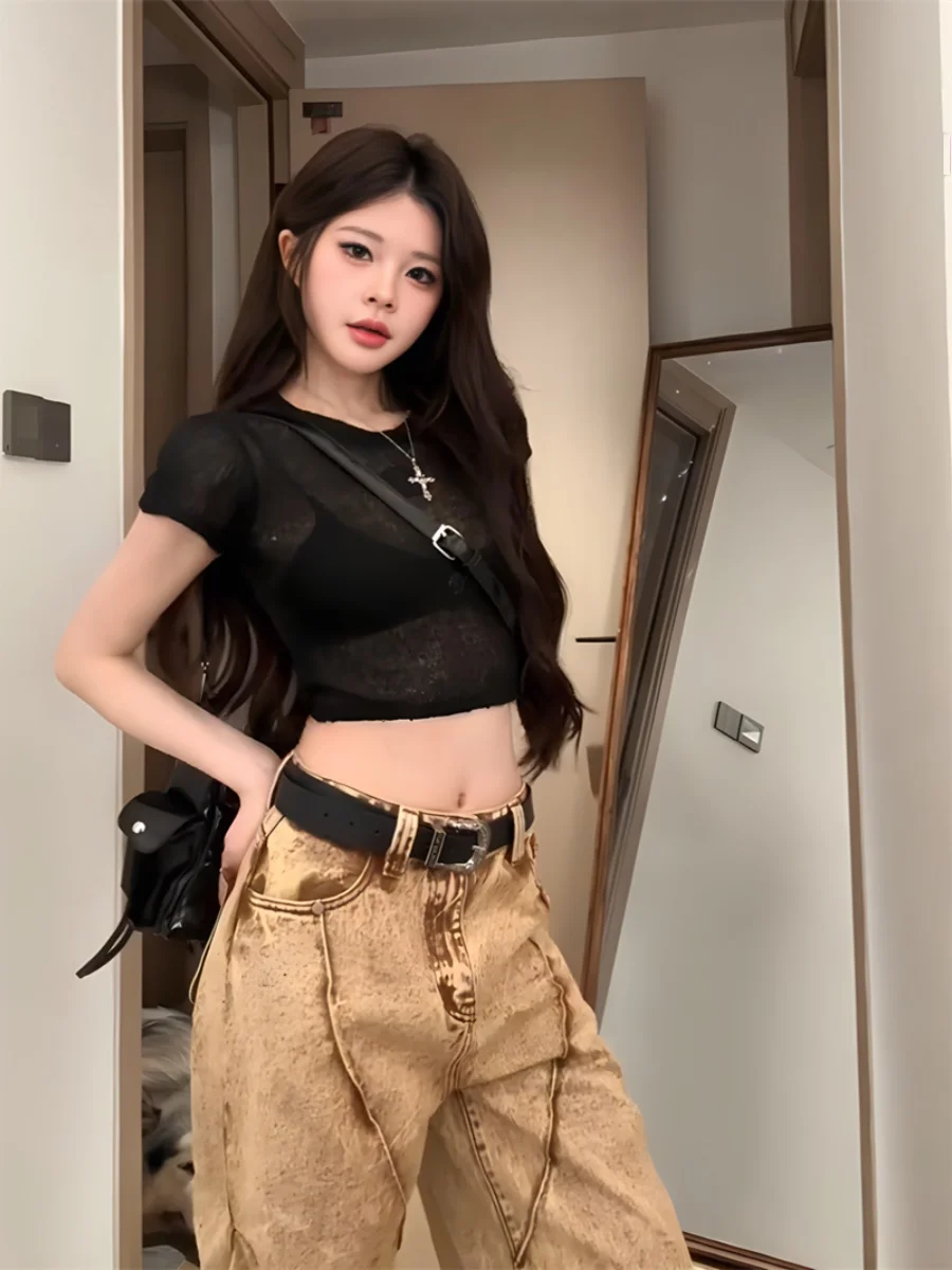 

Slim Fit Short Sleeve T-Shirt Women's Summer New Style Thin Micro Translucent Sexy Black Top Korean Style round Neck Pure Color