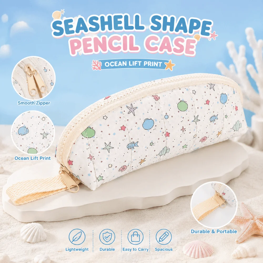 Durable Ocean Print Pencil Case Handheld Large Capacity Pen Bag Zipper Design Stationery Organizer School Supplies