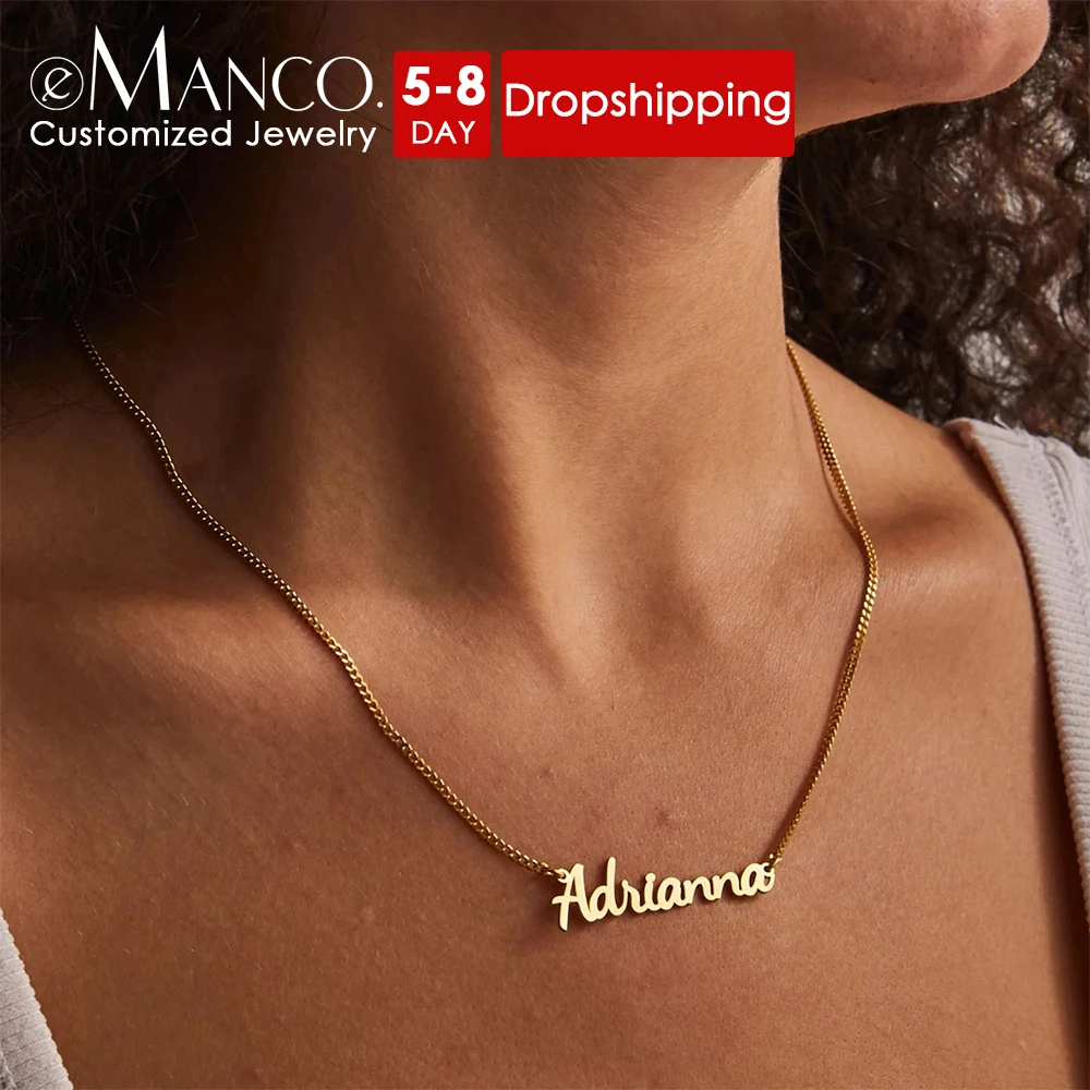 eManco Stainless Steel Name Necklace Customized Fashion  Personalized Letter Gold Color Choker Necklace Pendant Nameplate Gift