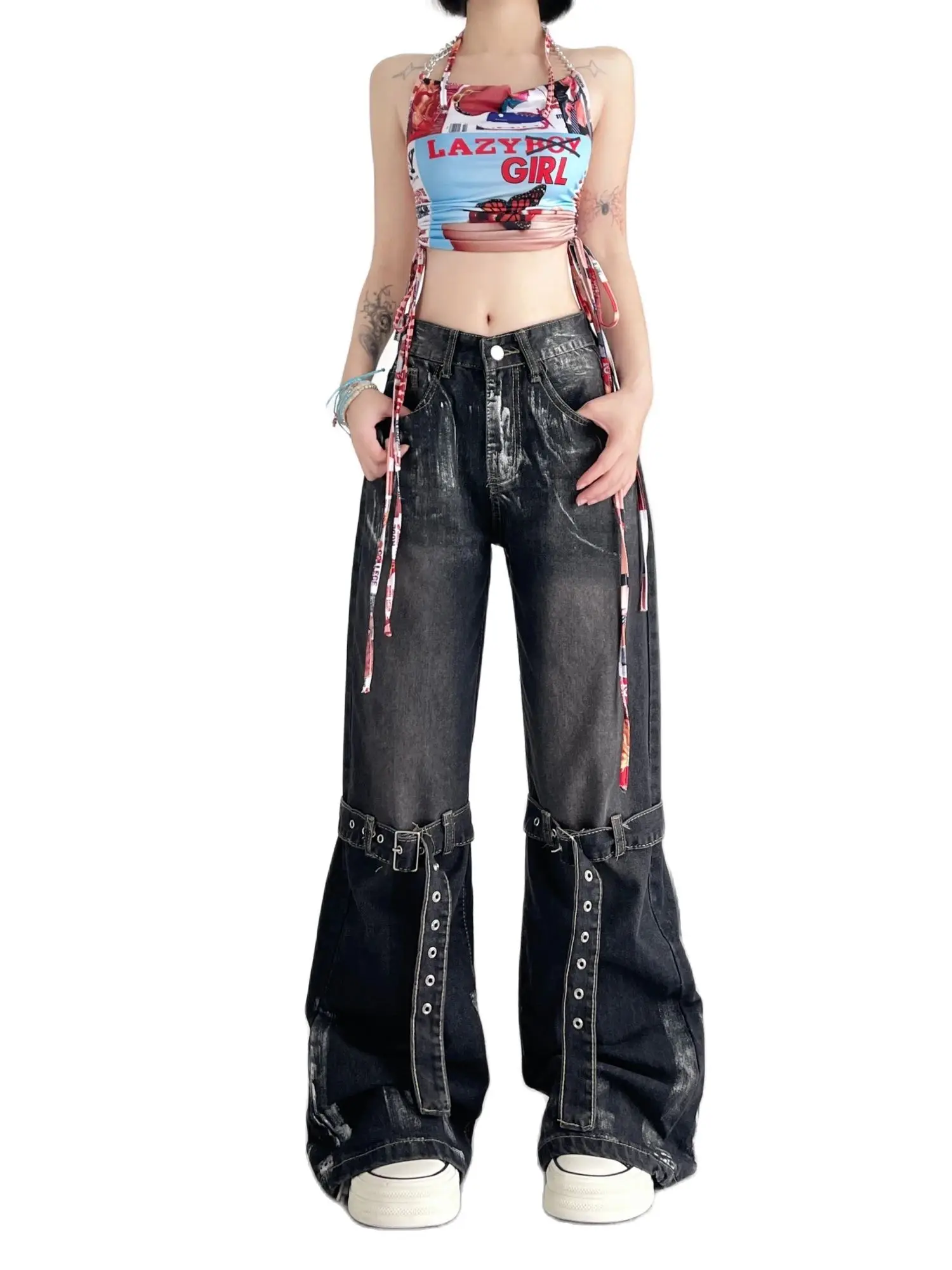 Calça jeans de baixo crescimento feminina, academia escura, grunge baggy, moda harajuku, streetwear Y2K na moda, K-pop gótico japonês, gótico, feminino, anos 2000