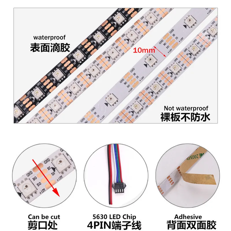 Bande lumineuse LED Pxiel dc 12 simple, étanche IP67, 30LED, 60LED, point de rupture, reprise, WS2815