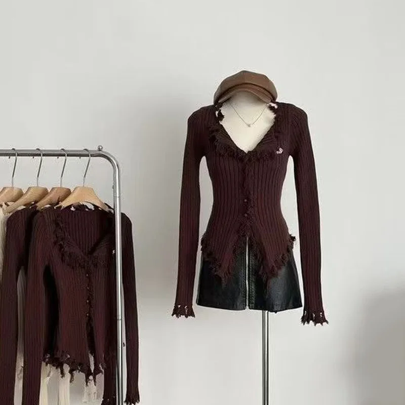 

Кардиган с v-образным вырезом, шерстяной свитер, вязаный свитер Harajuku Y2k, ретро, приталенный, готический дизайн, чувственный, высокий уровень, облегающий базовый крой