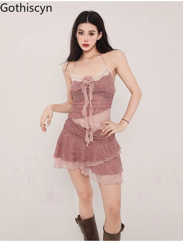 

Gtohiscyn Sweet Spicy Girl 3D Flower Halter Neck Tank Top Summer High Waist Slimming Mini Skirt Set Two Piece Set Women Outfits