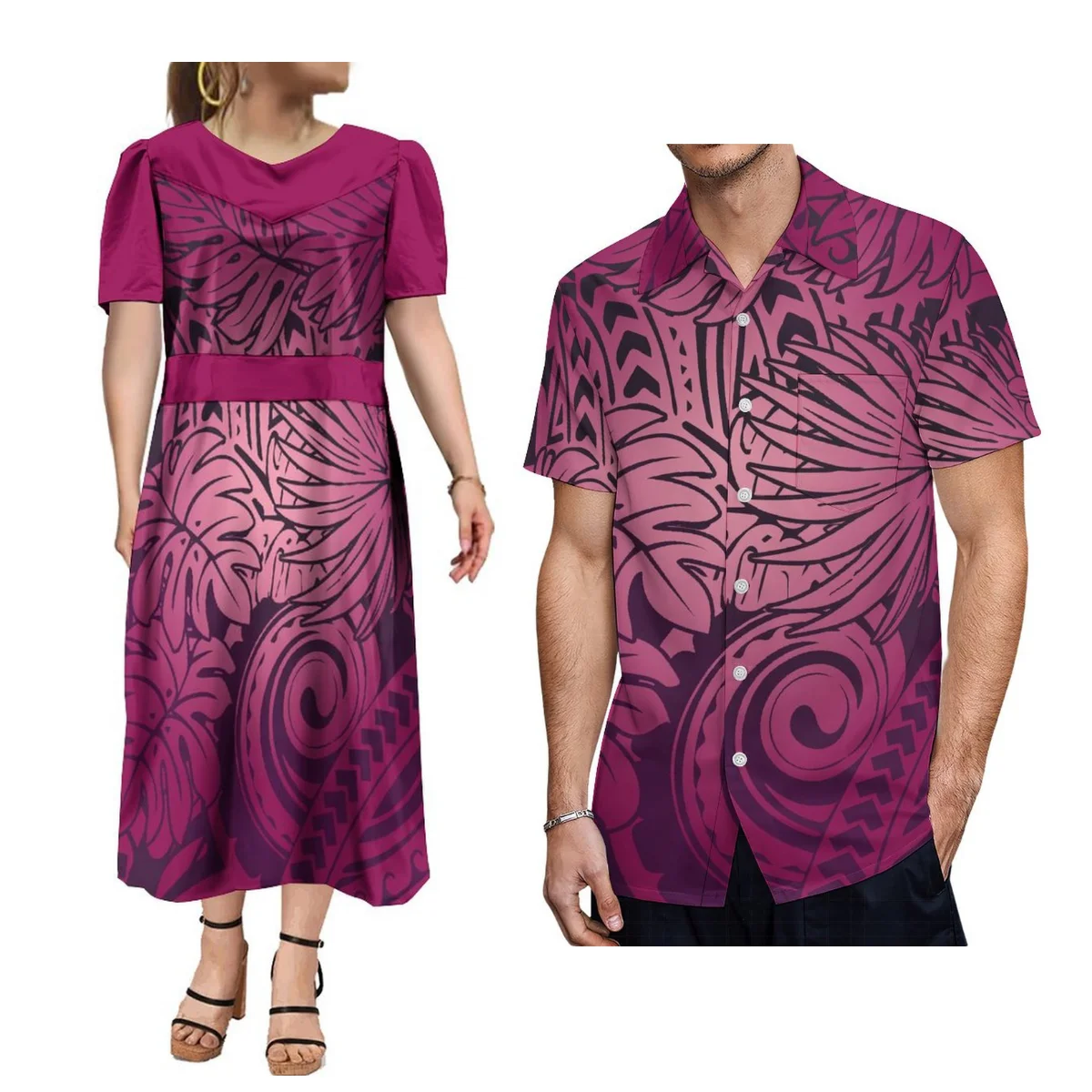 

2024 New Mumu Women'S Short-Sleeved Dress Tribal Traditional Ethnic Dress And Men'S Shirt Polynesian Tribe Design Couple Suit