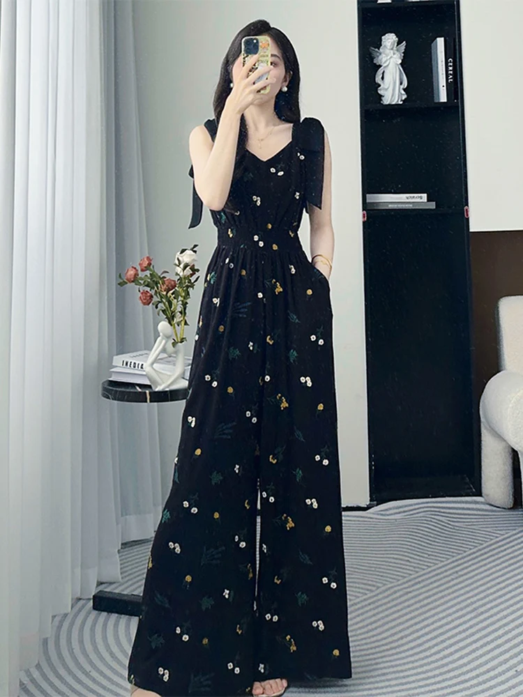 여름 고급 플로럴 프린트 원피스 팬츠 세트 여성용 우아하고 캐주얼하며 편안하고 통기성 좋은 롱...