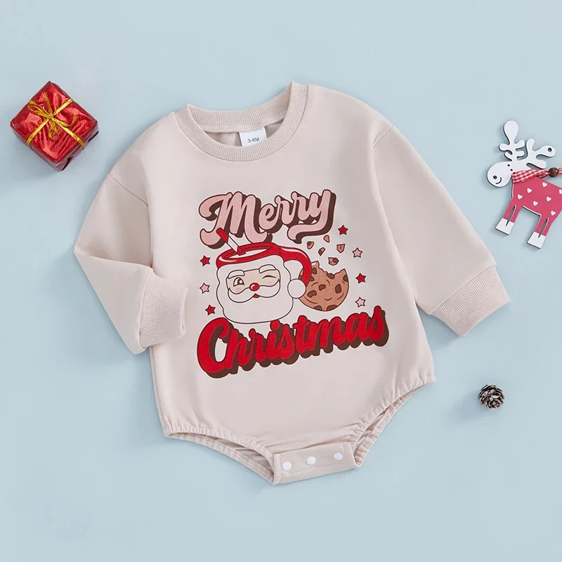 Baby Christmas Romper Long Sleeve Crew Neck Santa Cookie Print Bodysuit Newborn Winter Playsuit