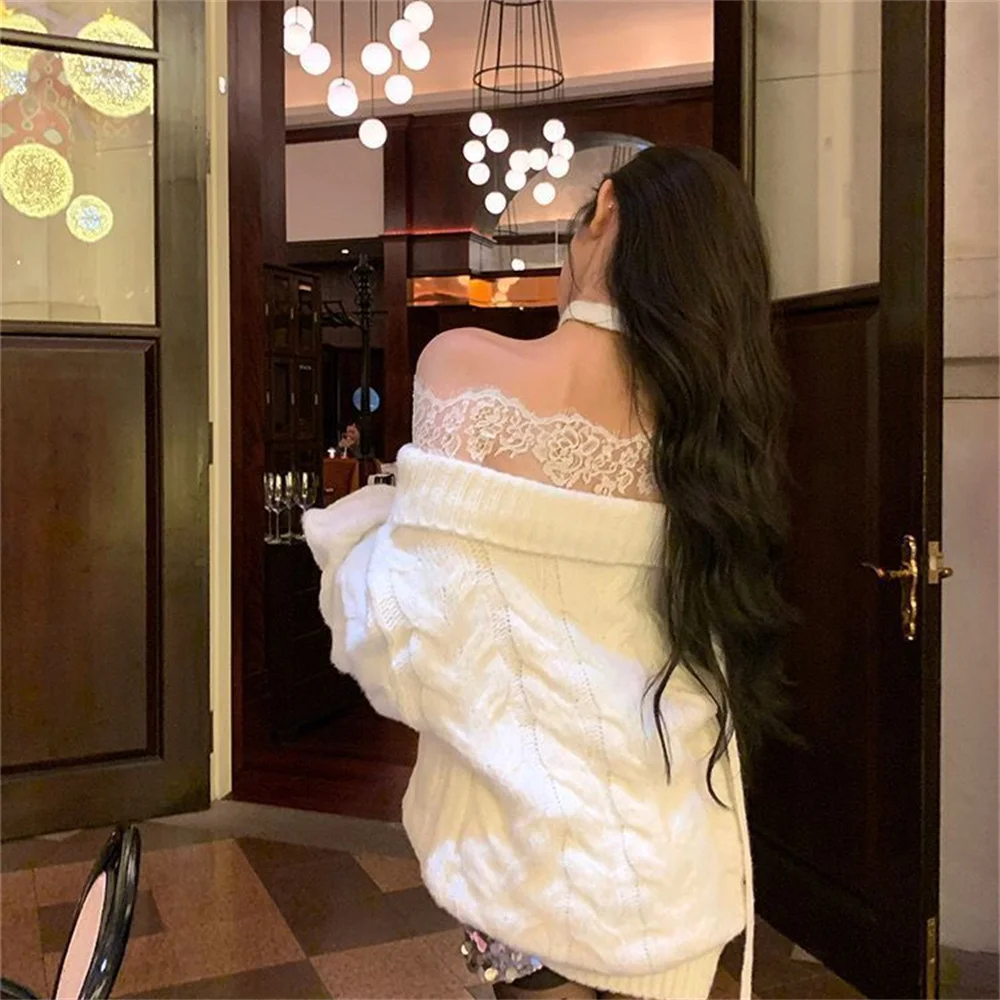 Sweter Kerah Slash Elegan Wanita Fashion Patchwork Renda Rajutan Pullover Gaya Korea Longgar Pakaian Rajut Musim Dingin Lengan Panjang Pullover