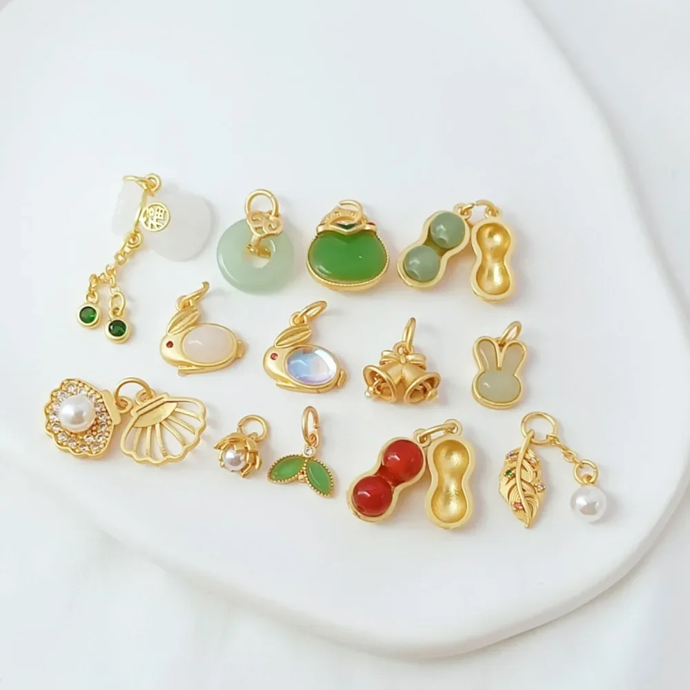 

Золотой аксессуар в древнем стиле, нефритовый арахис, голова кролика, лист, колокольчик, гребешок, кошелек, кулон, ювелирный кулон ручной работы из матового золота