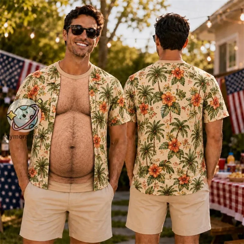 Funny Muscle Illusion Men T-Shirt 3D Print Fake Open Hawaiian Tee Too Hot To Handle Summer Holiday Casual Party Cosplay Gifts