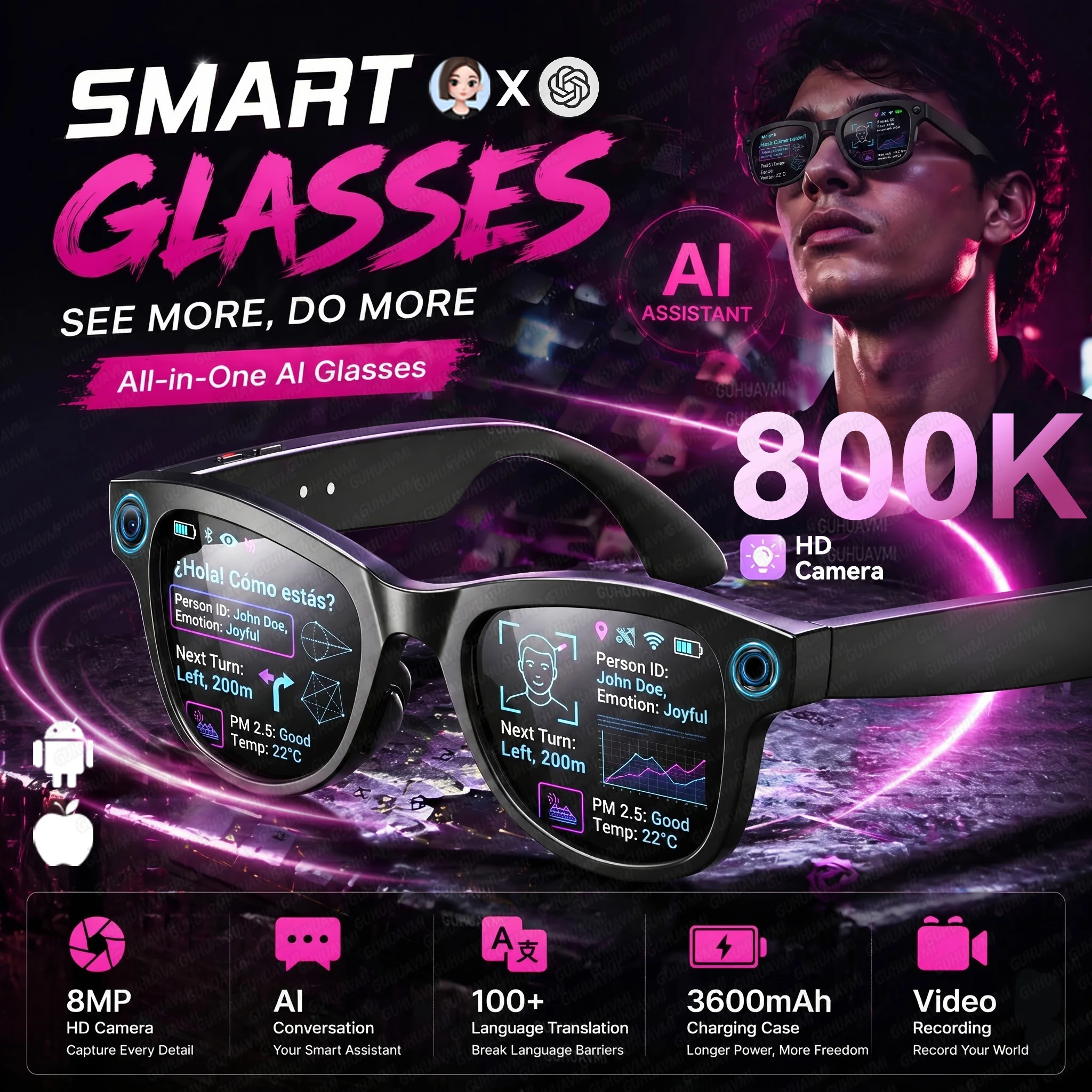 2026New 3600mAh Charging Case AI Smart Glasses Men 800W Pixel Camera 1080P POV Video 100+Translation AI Assistant Sungalsses IOS