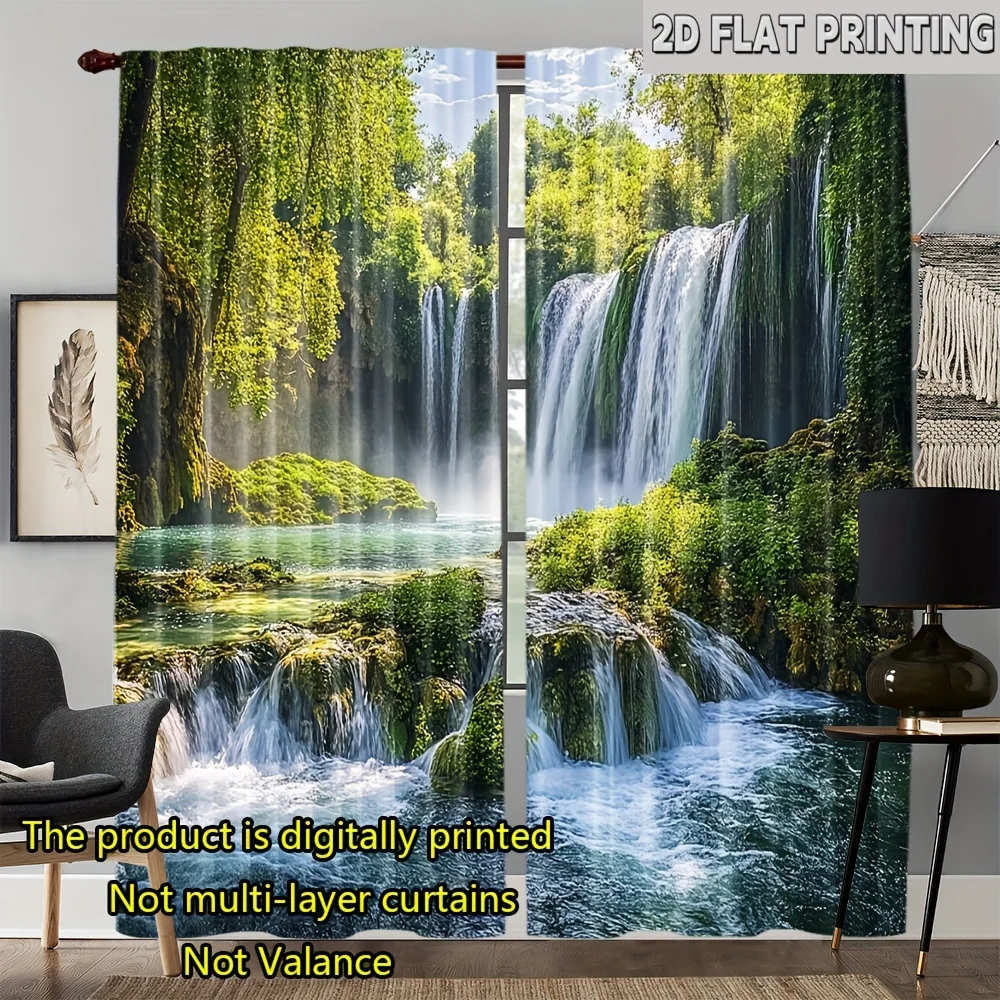 Green waterfall forest pattern printed curtains, with a pole bag design, suitable for use in bedrooms, living rooms and offices.