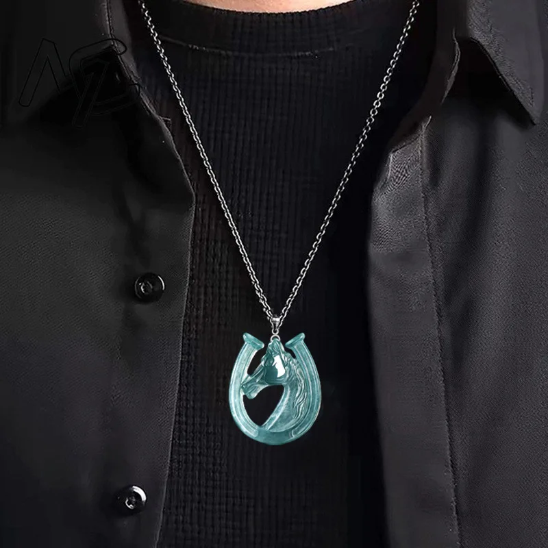 S925 Silver Natural Blue Water Jade Horse's Hoof Pendant Necklace Carved Charm Jadeite Jewelry Fashion Amulet Gift Certificate view 3