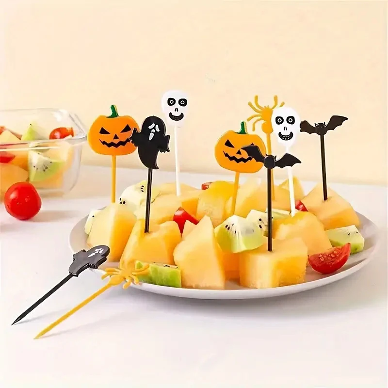 Tenedor de fruta fantasma de calabaza escalofriante para Halloween, decoración de fiesta, tenedor de pastel, signo de fruta, suministros para fiesta de Halloween, 10 unids/lote por bolsa