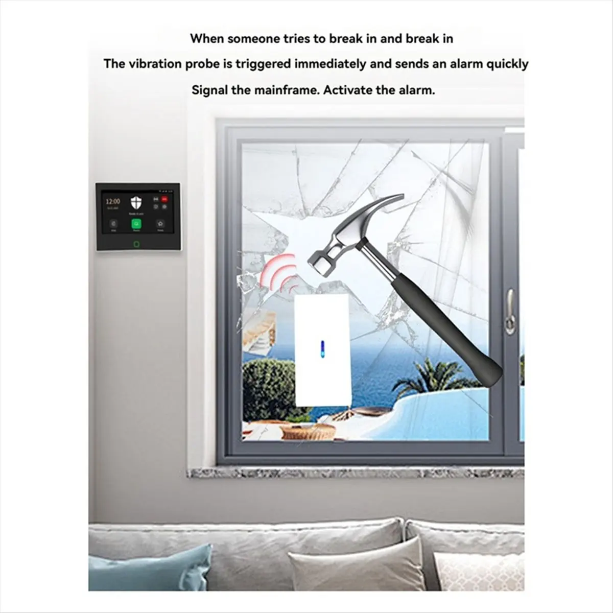 2pcs 433MHz Wireless Vibration Glass Break Detector, Adjustable Sensitivity, Compatible with Alarm Systems White