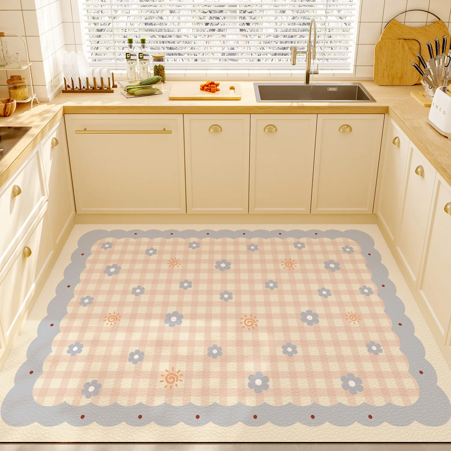 

Pink Kitchen Carpet Waterproof Floor Mat Pvc Leather Carpets Non-slip Oil-proof Candy-colored Cute Sweet Home Decoration Rugs