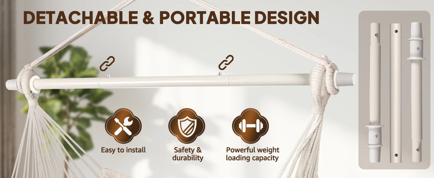 Close-up view of the woven cotton spreader bar hammock showing durable fabric stitching and steel hardware