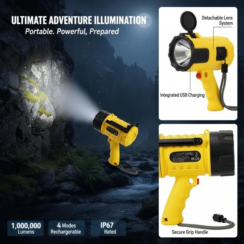 Handheld Searchlight 1000,000 Lumens For Hunting Boating Camping, 4 Modes Detachable Lens USB Port Rechargeable Battery Portable High Lumens LED Outdoor Equipment view 5