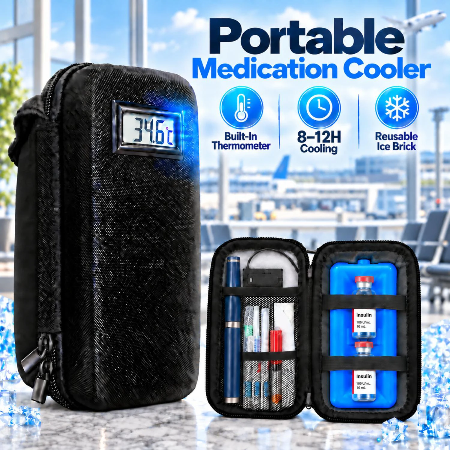 Insulin Vial Cooler Travel Case with Built-in Thermometer - TSA Approved Peptide Vials Insulated Cooling Bag