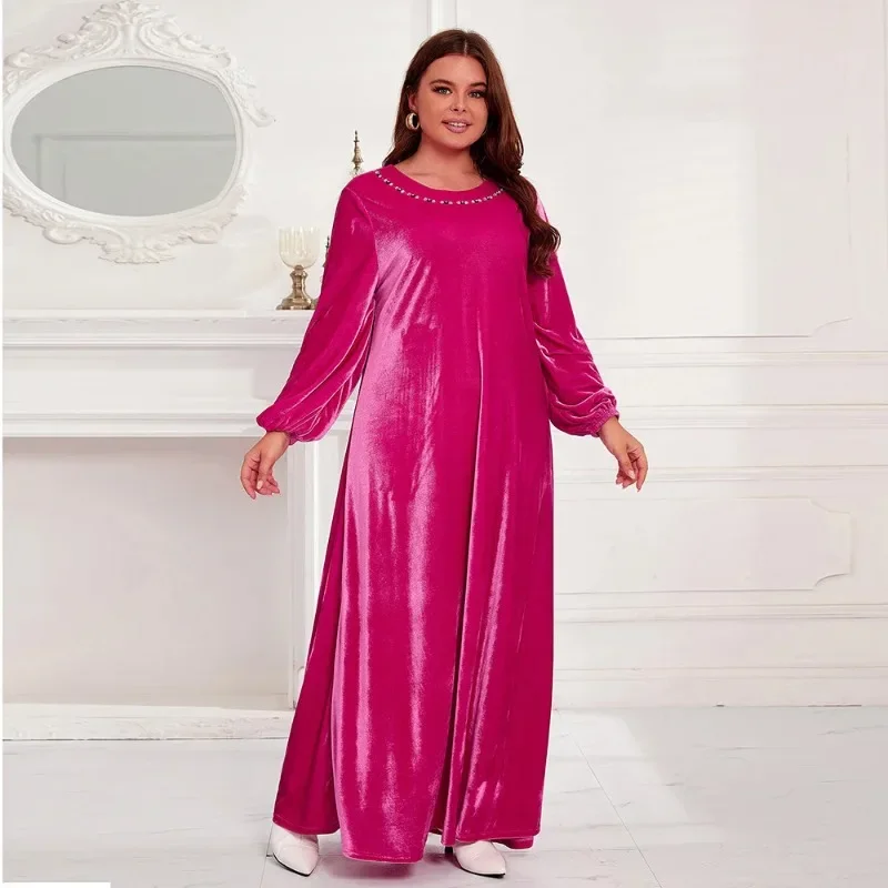 Vestido muçulmano de manga comprida com o pescoço para mulheres, elegante Abaya, vestidos de casamento africanos, moda, plus size, outono, 2023