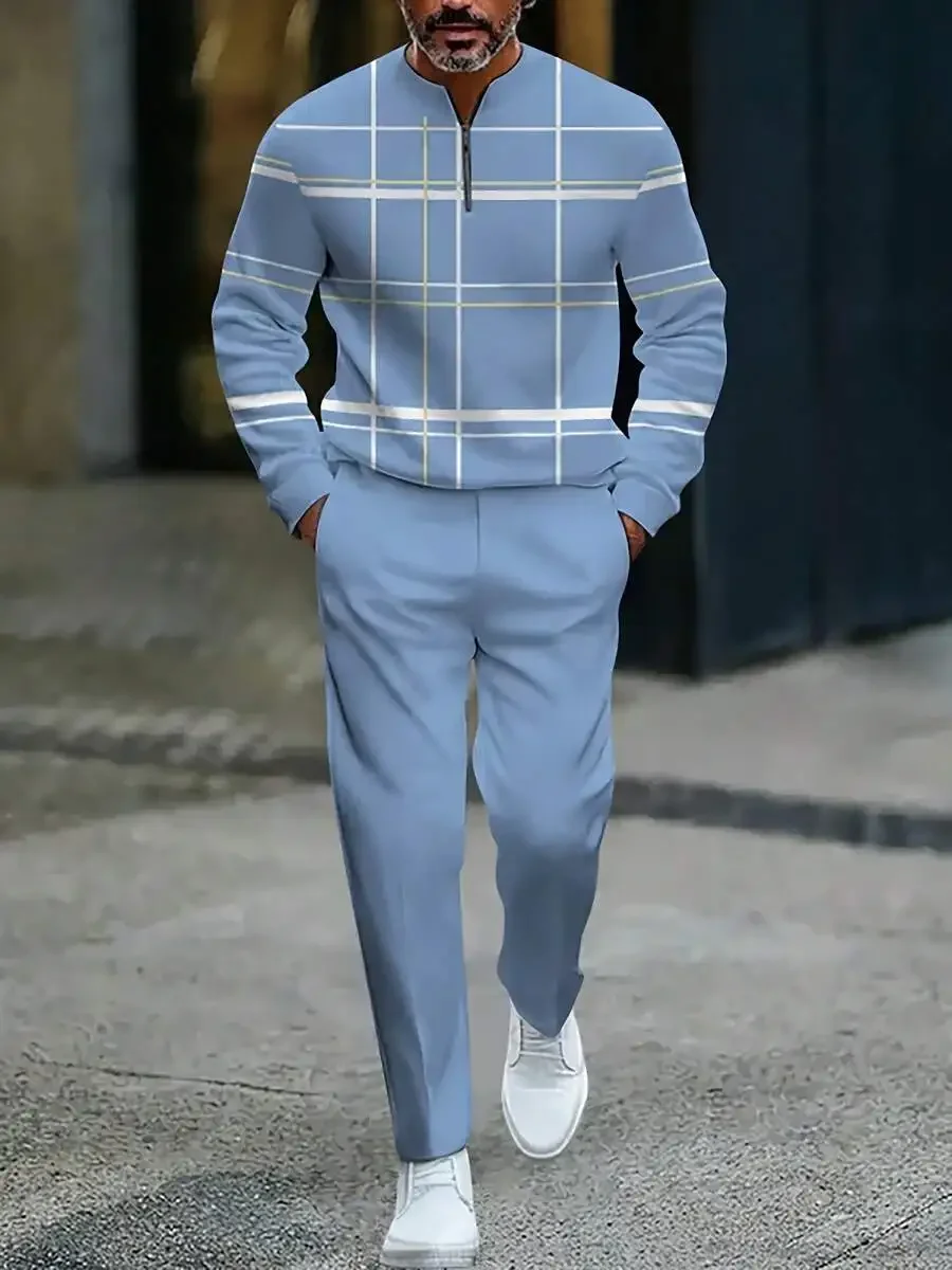 

Mens Light Blue Plaid Half Zip Sweater And Pants Set Casual Business Sportswear