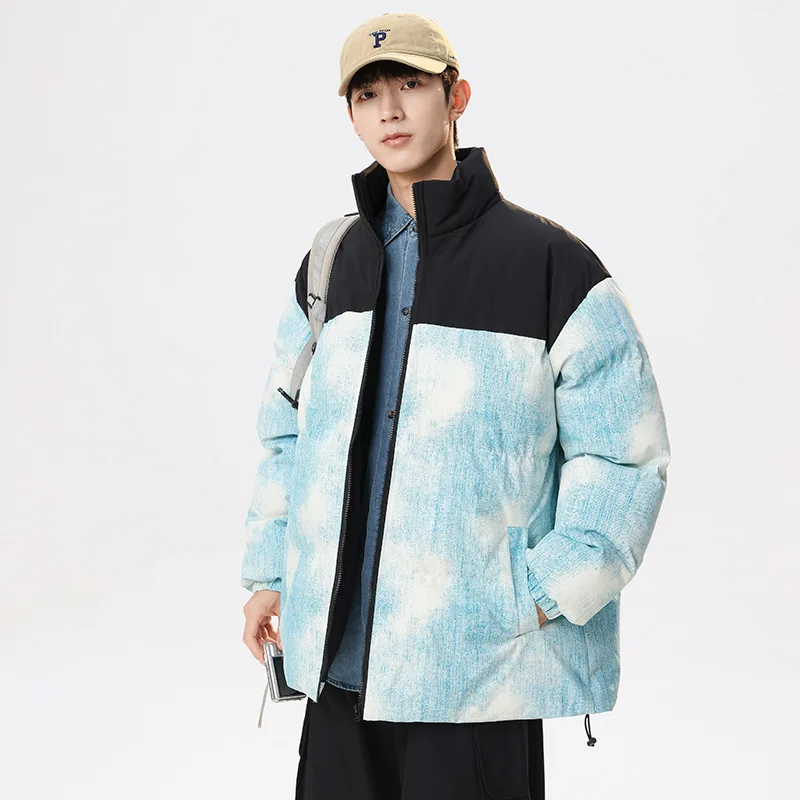 Winter Man Down Jacket Contrast Color Patchwork Loose Zipper Male Coat Stand Collar Long Sleeve Thicken Warm Men Outerwear