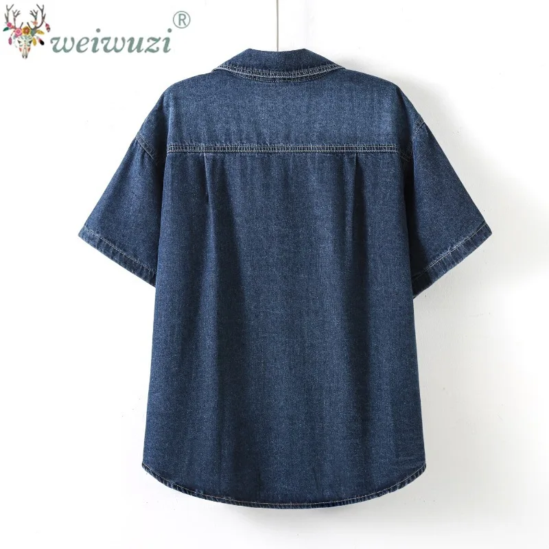 New Korean Trend Heavy Duty Hot‑fix Rhinestones Embellished Turn‑Down Collar Denim Shirts Short Sleeve Women's Unique Shirt