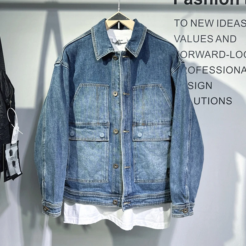 

Промытая синяя джинсовая куртка для мужчин, весенне-осенние куртки с большими карманами и лацканами, корейское повседневное модное мужское пальто в стиле сафари