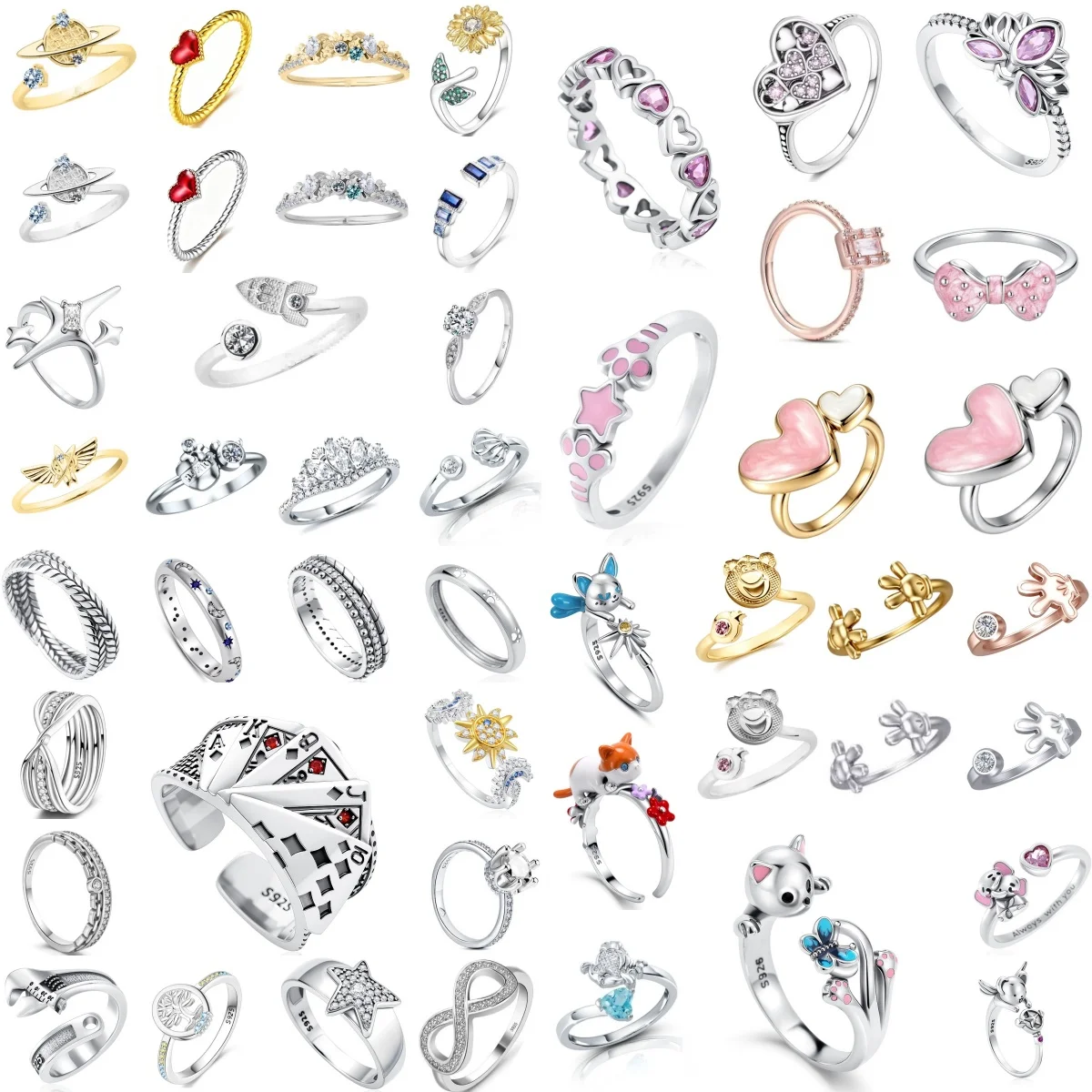 New 925 Silver Daisy Love Cat and Dog Ring, Suitable for Wedding Parties, Women's Jewelry Valentine's Day Gifts
