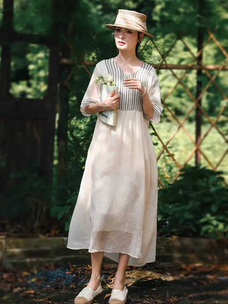 Ele V-ne Geborduurd Linnen Dr Dames Losse Lange Rok Zomer Woon-werk Sle Medium Softn ort Sve Plant Bloemen