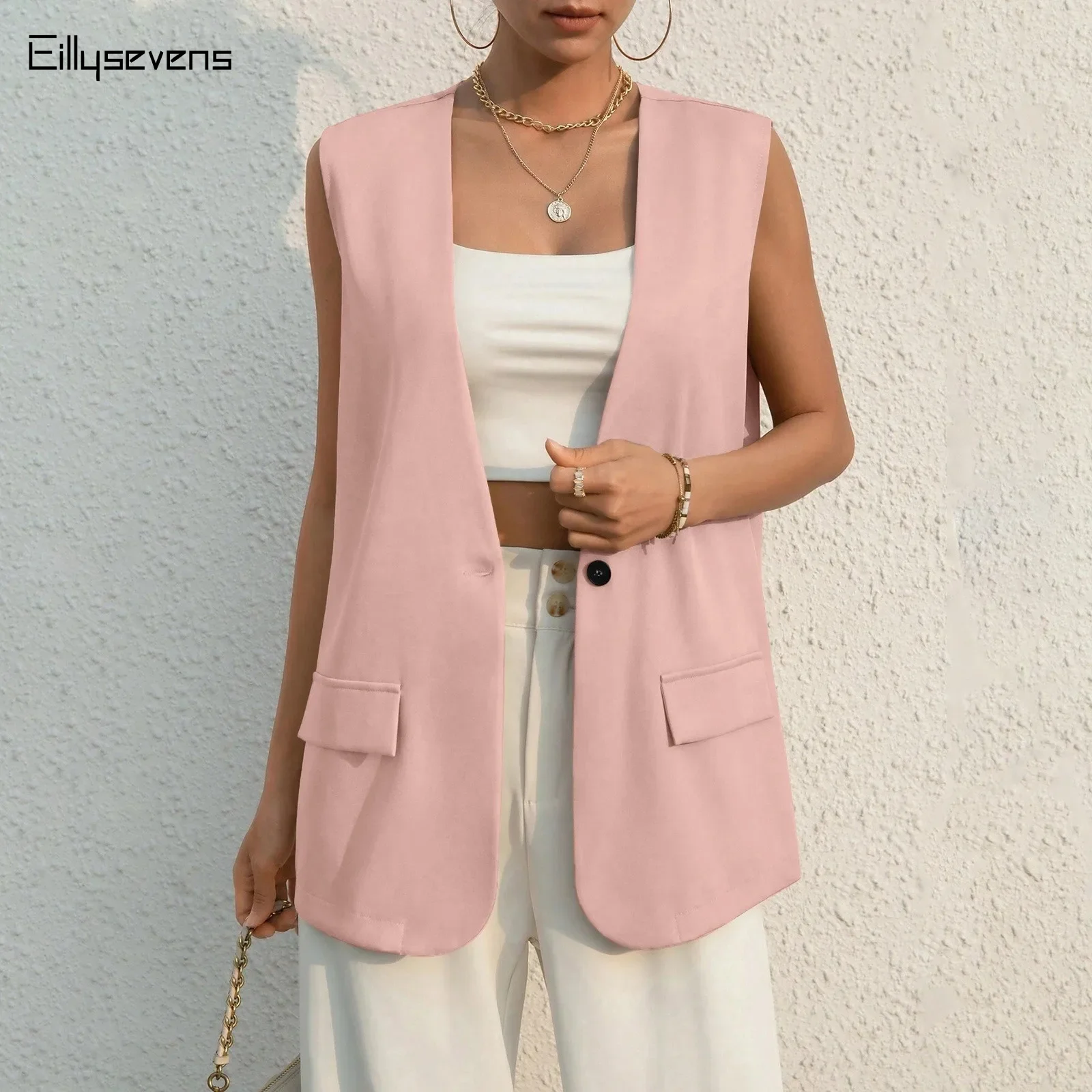 Blazer Vest For Women Waistcoat Pink Fashion Single Button Tops Vintage V Neck Sleeveless Outerwear Chic Vests Femme