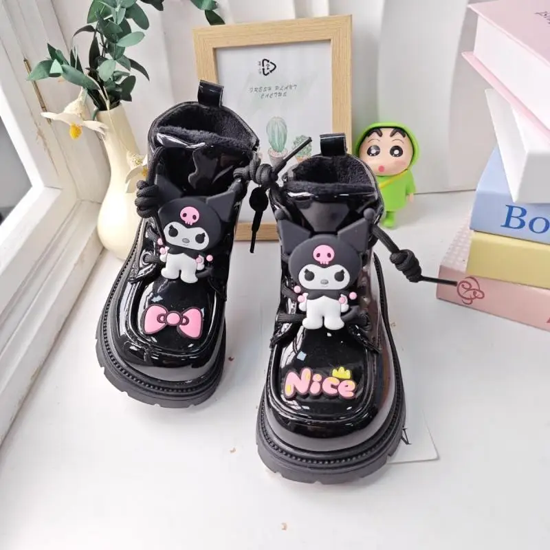 Kuromi Girl Glossy Leather Boots Winter Sanrios Child Fashion Anime Figure Kawaii Cartoon Velvet Boots Autumn Cotton Boots